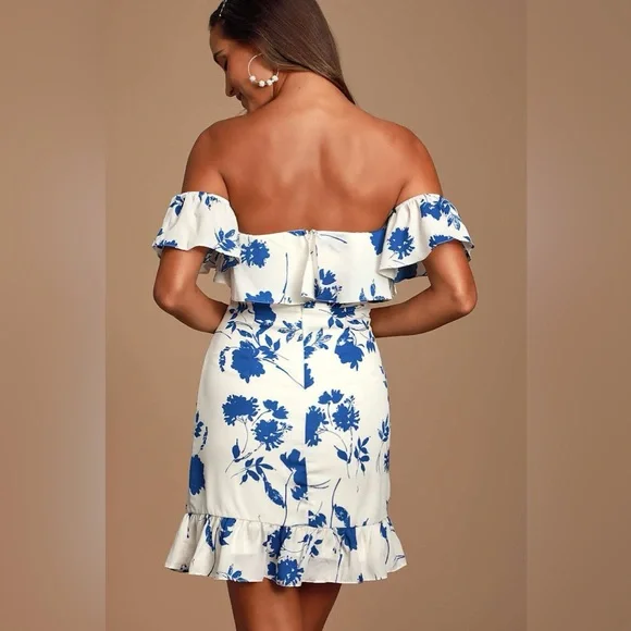 Lulus TALIA Blue & White Floral Off Shoulder Mini Dress - Large - Picture 4 of 12
